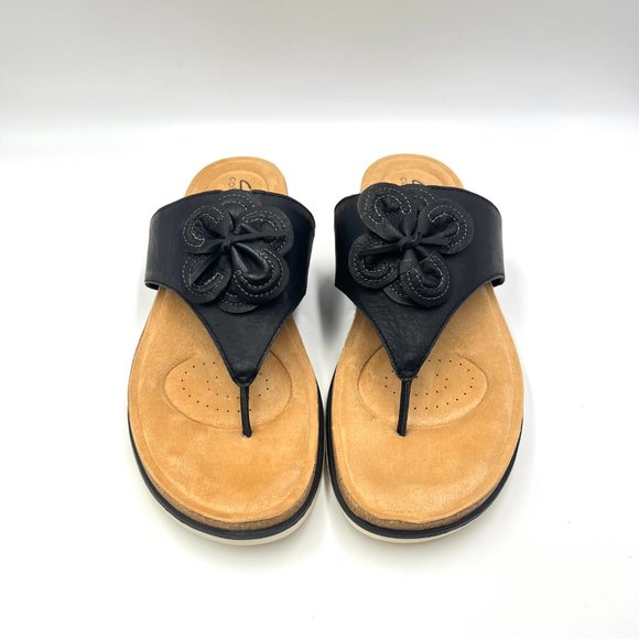 Clarks Womens Size 12 Brynn Style Black Leather Slip On Floral Sandals Shoes - Picture 2 of 13